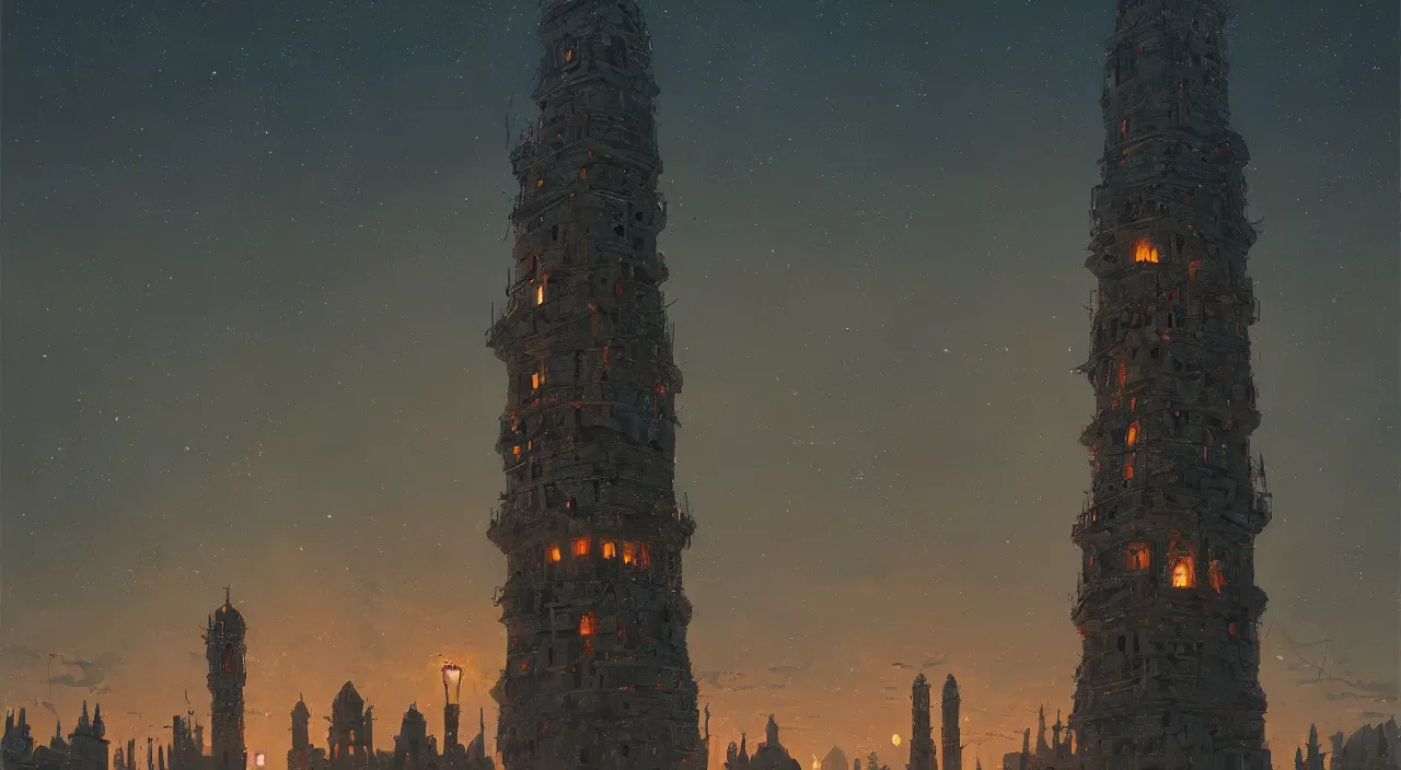 Prompt: ancient tower at night by Giorgio de Chirico Greg Rutkowski Simon Stålenhag, highly detailed, wide angle, vibrant, high contrast, symmetry, great composition, high detail, cinematic lighting, award winning masterpiece, trending on artstation