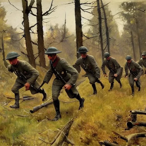 Image similar to ww 1 german soldiers advancing through european forest brush, long grey capes with red accents, 1 9 0 5, oil on canvas, william james aylward, harvey dunn, john singer sargent