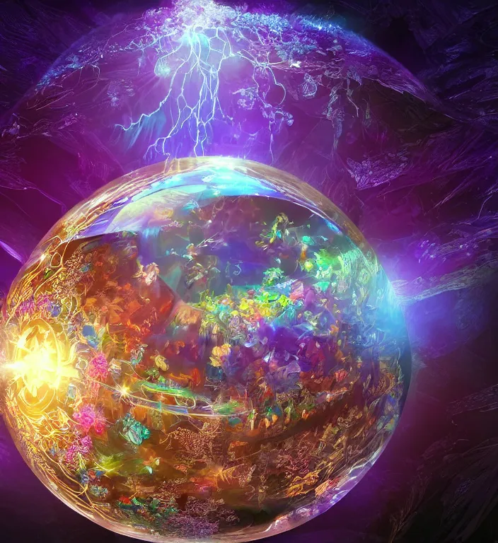 Prompt: a magical and exquisite fantasy illustration of an intricate and faceted crystal ball with a world inside of it + in water + prism + god rays + dramatic lightning + backlit + specular highlights + ambient occlusion + global illumination + bump map + reflective + caustics + refractive + unreal engine 5 + DOF + sharp focus, digital artwork by Dan Mumford + Peter Mohrbacher + Ash Thorp