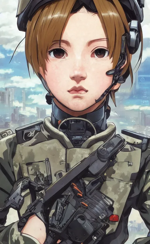 Image similar to front portrait of mechanized soldier girl, anime style, urban in background, soldier clothing, combat helmet, short hair, hair down, symmetrical facial features, from arknights, hyper realistic, 4 k, rule of thirds, extreme detail, detailed drawing, trending artstation, hd, d & d, realistic lighting, by alphonse mucha, greg rutkowski