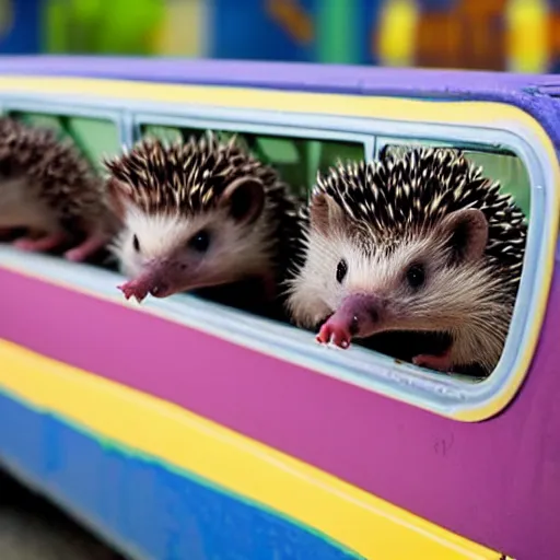 Prompt: hedgehogs on a schoolbus