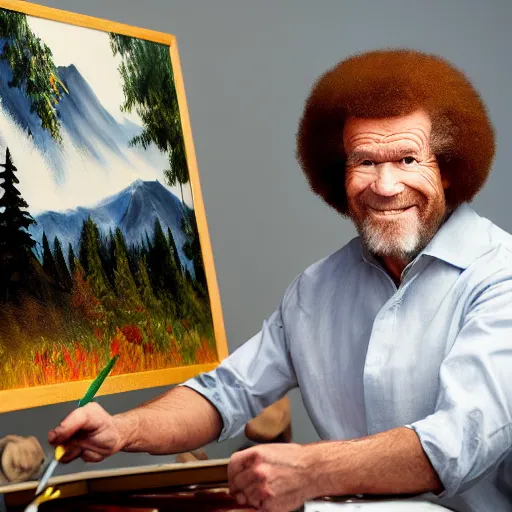 Image similar to a closeup photorealistic photograph of bob ross working on a canvas painting of elmo. film still. brightly lit scene. mountains and trees. this 4 k hd image is trending on artstation, featured on behance, well - rendered, extra crisp, features intricate detail, epic composition and the style of unreal engine.