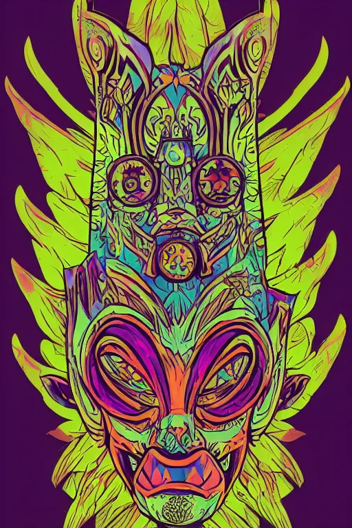 Image similar to animal mask totem roots flower tribal feather gemstone plant wood rock shaman vodoo video game vector cutout illustration vivid multicolor borderlands comics by josan gonzales and dan mumford radiating a glowing aura