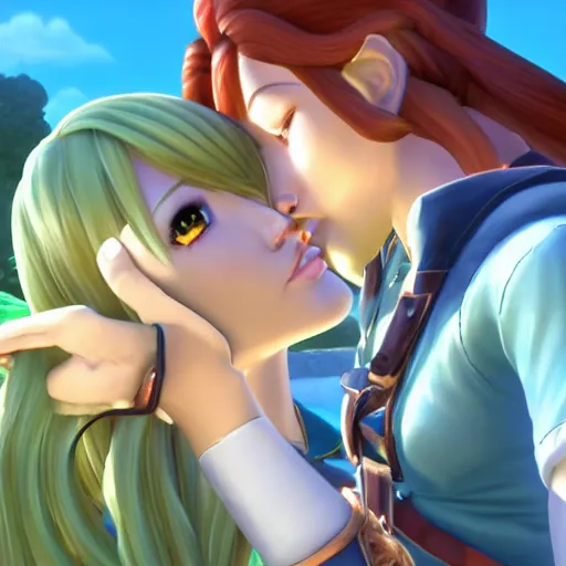 Image similar to female link and malon kissing, raytracing, hd, max settings