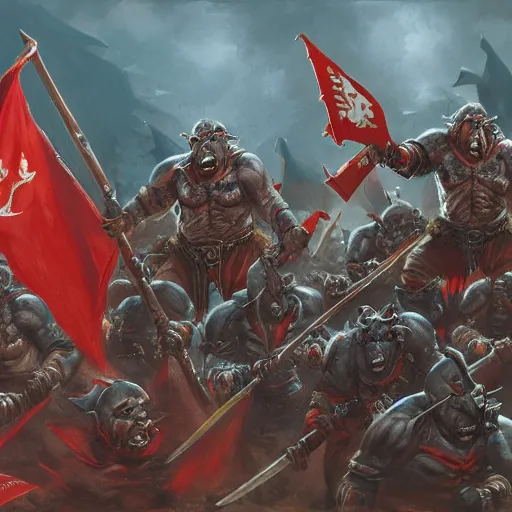 Image similar to Orcs from Warhammer Fantasy with USSR flags are charging by Greg Rutkowski