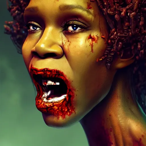 Prompt: whitney houston as a fierce zombie, 7 days to die zombie, fine art, award winning, intricate, elegant, sharp focus, cinematic lighting, highly detailed, digital painting, 8 k concept art, art by guweiz and z. w. gu, masterpiece, trending on artstation, 8 k