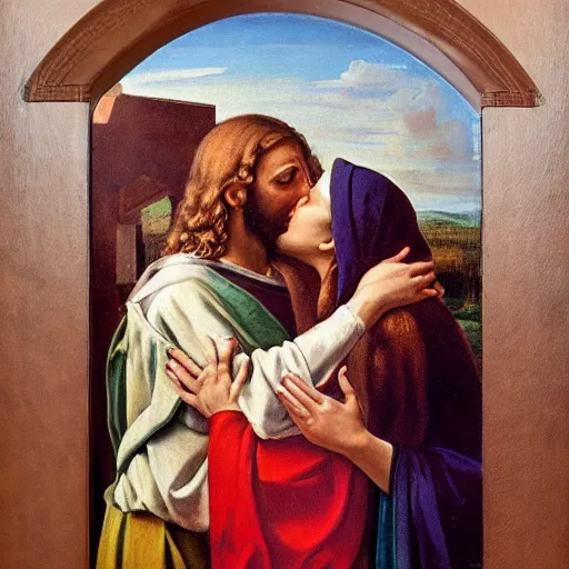 Image similar to 1 8 th oil panting of a jesus kissing a woman