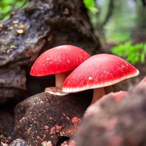 Prompt: a red cave mushroom that looks like raw meat