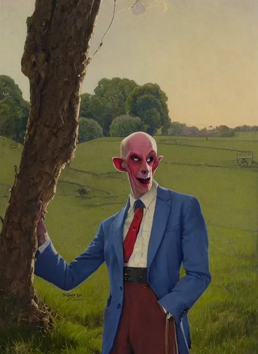 Image similar to upper body portrait of blue-faced nosferatu in a suit, english countryside in the background, sunny day, by norman rockwell and frank schoonover, photoreal, character concept art, artstation
