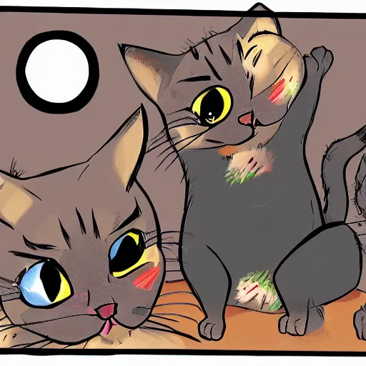 Prompt: cat with glowing eyes fighting dogs, comics style, computer art, high detail