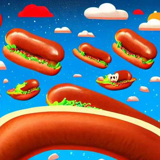Prompt: a dog exploring a massive world of giant hotdogs, dramatic, digital art