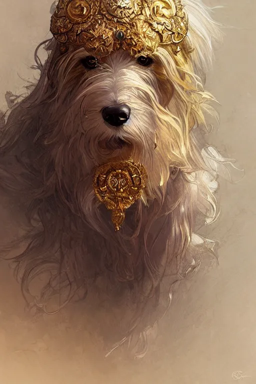 Image similar to a beautiful shaggy dog, gold jewellery, dnd, fantasy, intricate, elegant, highly detailed, digital painting, artstation, concept art, smooth, sharp focus, illustration, art by artgerm and greg rutkowski and alphonse mucha