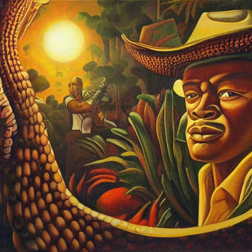 Image similar to high quality, high detail painting, dutch masterpiece, darryl mccray, film noir, diego rivera, high garden scene with quetzalcoatl at night, hd, muted lighting