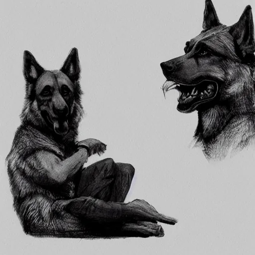 Image similar to two humanoid german shepherds beast - men, sitting on a couch and hugging together, artstation, concept art, smooth, sharp foccus ilustration, artstation