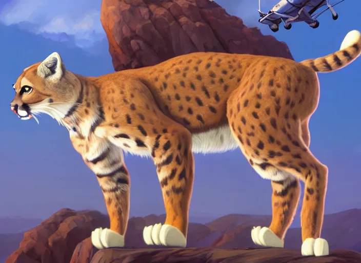 Image similar to character portrait feature of the anthro female anthropomorphic puma bobcat mountain lion fursona wearing airline pilot outfit uniform professional pilot for delta airlines character design stylized by charlie bowater, ross tran, artgerm, and makoto shinkai, detailed, soft lighting, rendered in octane, peru in background