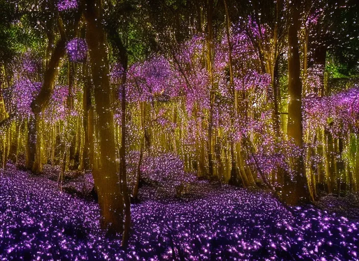 Image similar to a magical forest with crystal flowers that glow in the dusk,