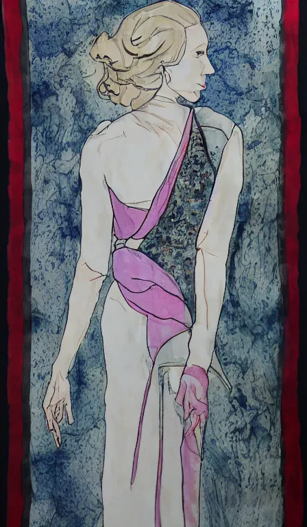 Image similar to cate blanchett , hanging scroll, ink and colours on silk,