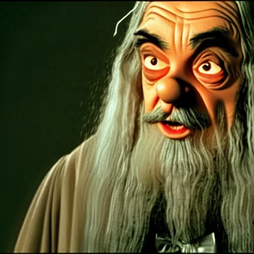 Image similar to mr. bean as gandalf from lord of the rings. movie still. cinematic lighting.