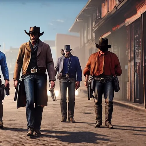 Prompt: cowboy androids walking the streets in Saint Denis in Red Dead Redemption 2 8k hyperdetailed photorealism HDR