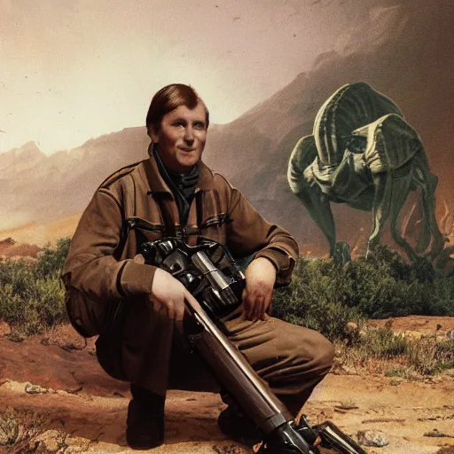 Prompt: colonial big game hunter sitting for a professional photo after shooting a large alien creature, matte painting, symmetrical, professional photo, wilderness behind