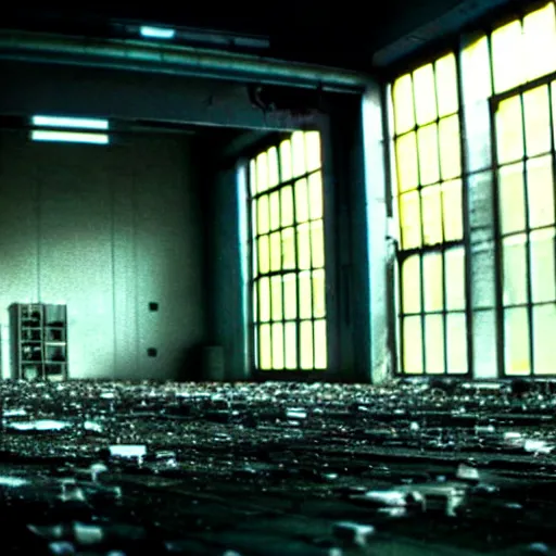Prompt: abandoned replicant factory, still from closed circuit tv footage