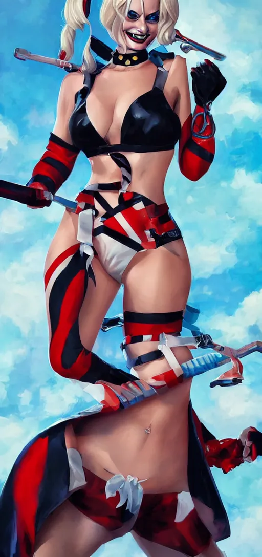 Prompt: margot robbie as harley quinn in a swim suit by artgerm, full body, epic composition