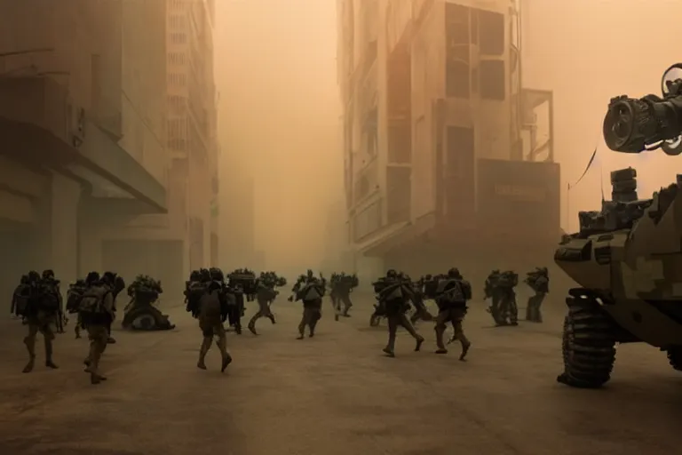 Prompt: vfx film, blade runner 2 0 4 9 futuristic soldiers shoot at enemy robots futuristic war, battlefield war zone, shootout, running, shooting, explosion, battlefront, leaping, flat color profile low - key lighting award winning photography arri alexa cinematography, big crowd, hyper real photorealistic cinematic beautiful, atmospheric cool colorgrade