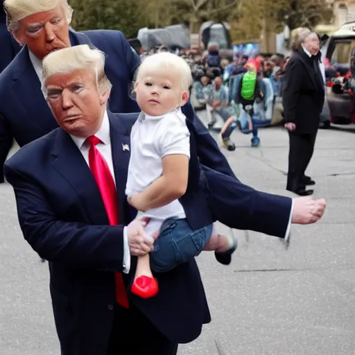 Prompt: donald trump carrying a mini - me version of himself in a child carrier