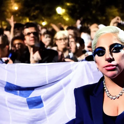 Image similar to Lady Gaga as president, Argentina presidential rally, Argentine flags behind, bokeh, giving a speech, detailed face, Argentina