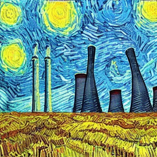 Prompt: nuclear power station in the style of Van Gogh