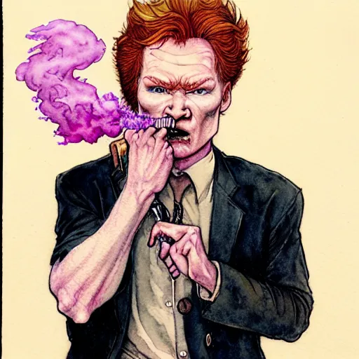 Image similar to a realistic and atmospheric watercolour fantasy character concept art portrait of conan o'brien with pink eyes wearing a wife beater and smoking a huge blunt by rebecca guay, michael kaluta, charles vess and jean moebius giraud