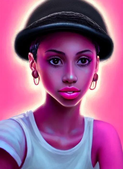 Image similar to portrait of teenage vanessa morgan with bright pink hair, black girl, vanessa morgan, curly pixie cut hair, wearing newsboy cap, newsboy cap, hoop earrings, intricate, elegant, glowing lights, highly detailed, digital painting, artstation, concept art, smooth, sharp focus, illustration, art by wlop, mars ravelo and greg rutkowski