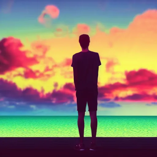 Image similar to a man looking off into a vaporwave sunset