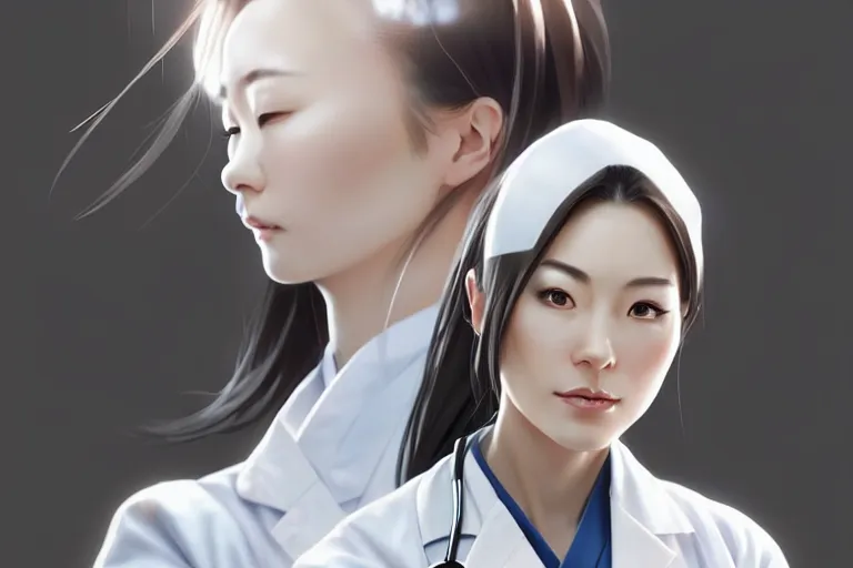 Image similar to a elegant and beautiful japanese female doctor in a white coat in a clinic, cinematic, highly detailed, digital painting, artstation, concept art, matte, sharp focus, illustration, art by artgerm and greg rutkowski