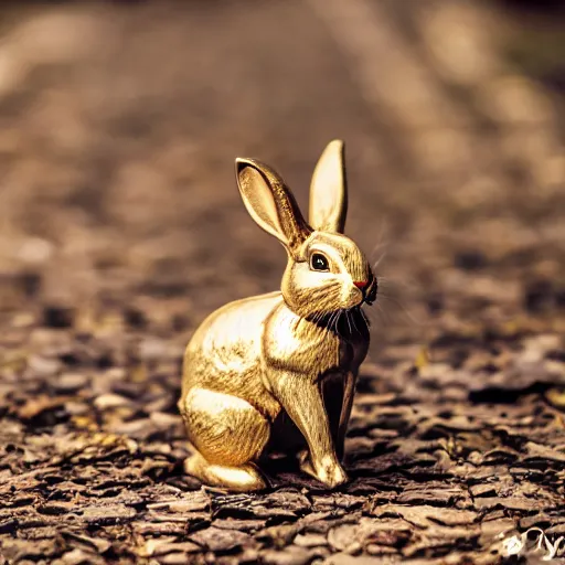 Image similar to a bunny in golden armor, zeiss lens, 5 0 mm, dynamic pose, action pose