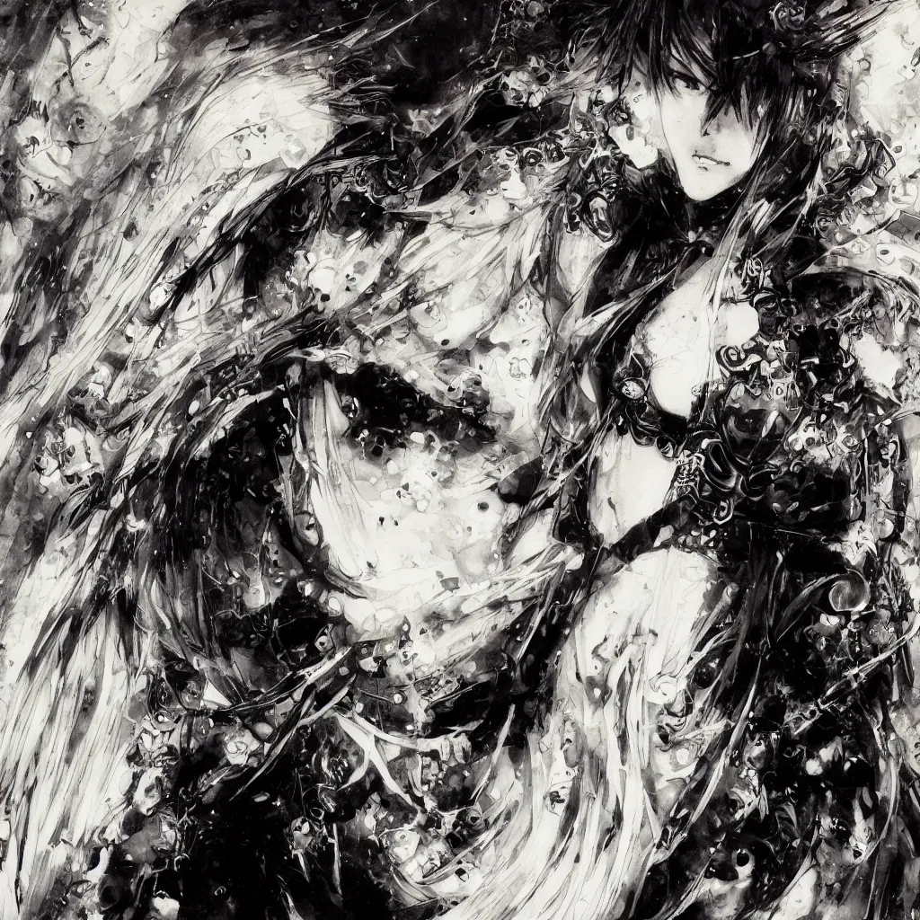 Image similar to Yoshitaka Amano blurred and dreamy illustration of an anime girl with pirate eye patch, wavy white hair and cracks on her face wearing Elden ring armour with the cape fluttering in the wind, abstract black and white patterns on the background, noisy film grain effect, highly detailed, Renaissance oil painting, weird portrait angle