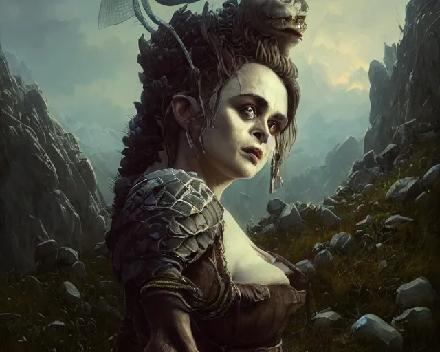 Image similar to highly detailed portrait of helena bonham carter as a fantasy goblin, in skyrim, stephen bliss, unreal engine, fantasy art by greg rutkowski, loish, rhads, ferdinand knab, makoto shinkai and lois van baarle, ilya kuvshinov, rossdraws, tom bagshaw, global illumination, radiant light, detailed and intricate environment