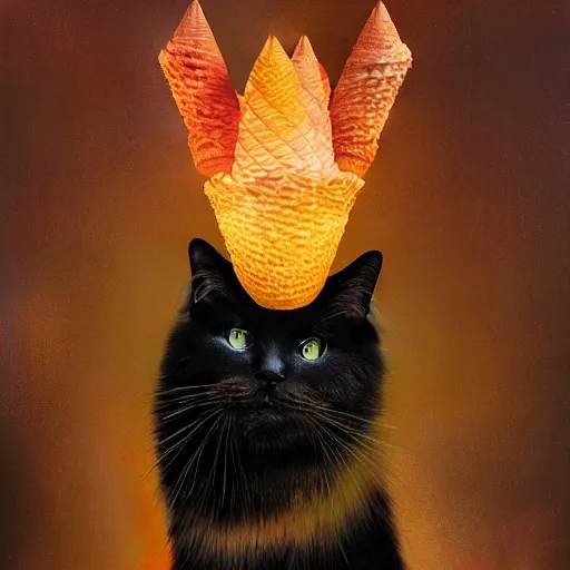 Image similar to inferno realistic intricate paris cone longhair cat wok singularity mushroom, by robert henri and beeple and maria sibylla merian, black velvet painting, photoillustration, impressionism