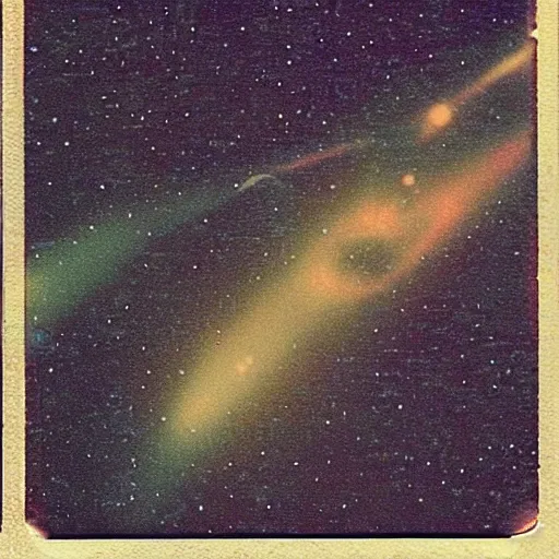 Image similar to a vintage color polaroid photo of a spaceship orbiting mars, galaxies visible in deep space, film grain, warm tones, color bleeding