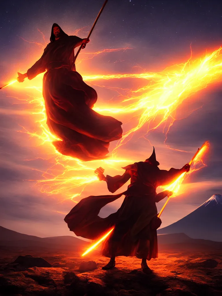 Image similar to levitating wizard wielding a spear, opening a shining portal, night sky, horizon of an erupting volcano, 4 k, ultra realistic, detailed, epic lighting, high detail, masterpiece, trending on artstation