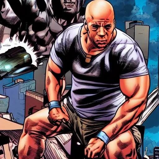 Image similar to Vin Diesel as a comic book hero fighting off evil,, 4k, comic book cover