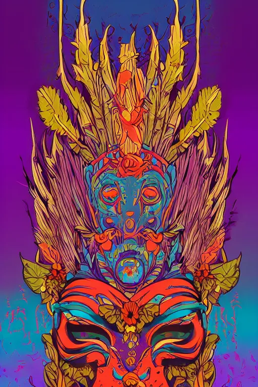 Image similar to animal mask totem roots flower tribal feather gemstone plant wood rock shaman vodoo video game vector cutout illustration vivid multicolor borderlands comics by josan gonzales and dan mumford radiating a glowing aura