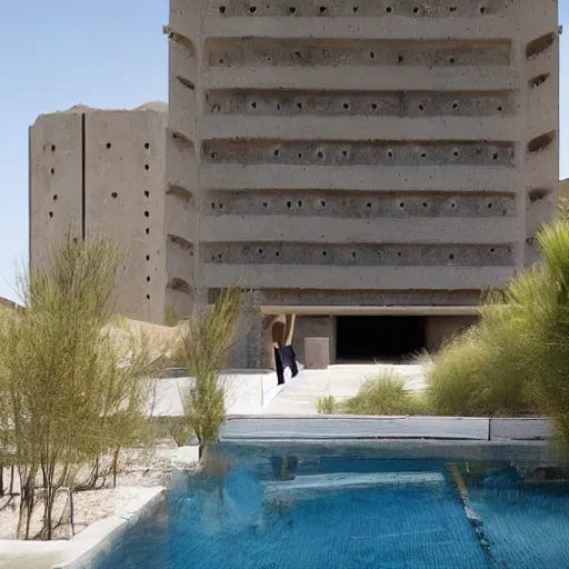 Image similar to brutalism hotel in the desert, biophilia mood, pool, garden, highly detailed, cinematic, photorealistic, made of concrete and steel