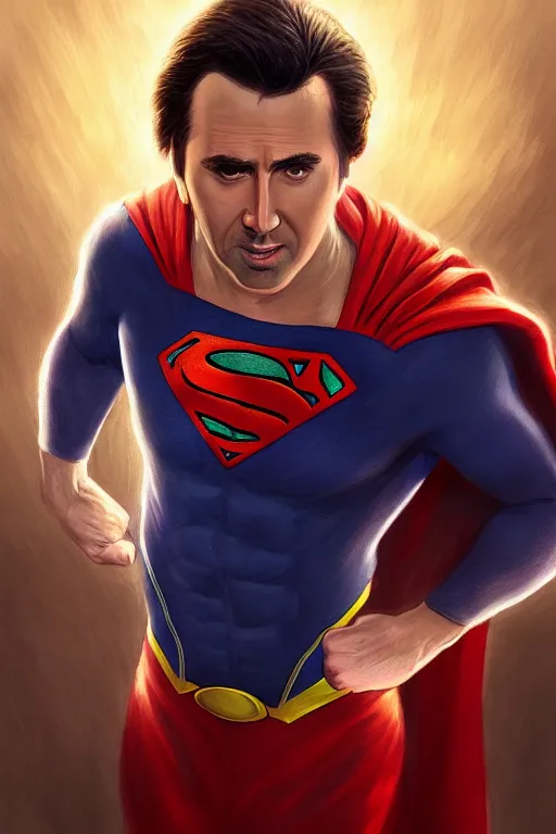 Image similar to Prtrait of Nicolas Cage as superman cinematic lighting, intricate, elegant, highly detailed, digital painting, artstation, painted by Artgerm and Mark Waid and Greg Rutkowski