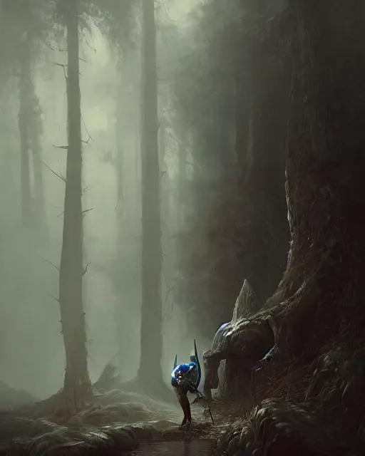 Prompt: Hyper realistic painting of a knight in rusty full plate armor wielding a greatsword, hyper detailed, surrounded by a dark forest, fog, moody, cinematic lighting, dim blue lighting, by greg rutkowski, trending on artstation