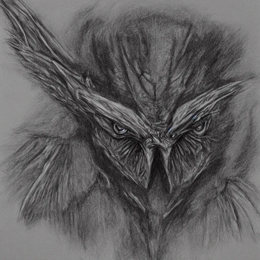 Prompt: A detailed charcoal sketch of Mothman facing forward, 8k, highly detailed