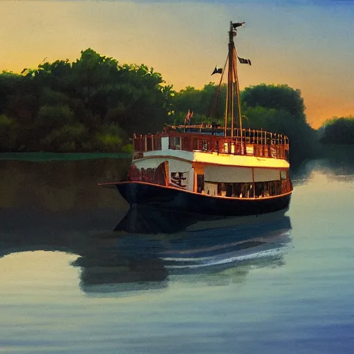 Image similar to 1 9 th century river boat in the deep south, evening sun, intense lighting, hyper realistic, gouache