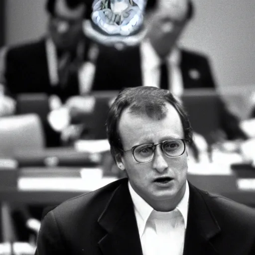 Prompt: 1990s Hi-8 footage of Napoleon speaking to the United Nations, candid portrait photograph, 40mm