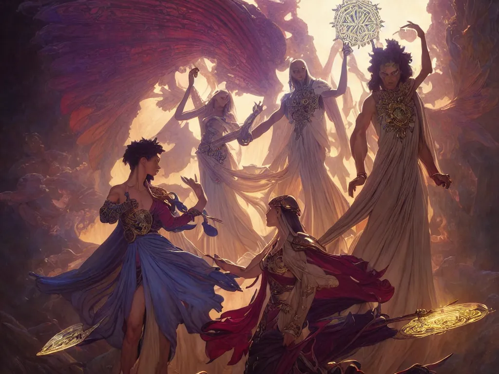 Image similar to painting of powerful stylish sorcerer and a cleric banishing shadow creatures with a rainbow spell, ultra realistic, concept art, intricate details, eerie, highly detailed, photorealistic, octane render, 8 k, unreal engine. art by artgerm and greg rutkowski and magali villeneuve and alphonse mucha