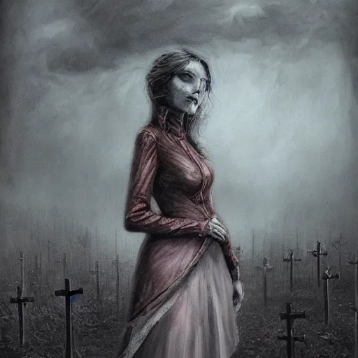 Prompt: a painting of a woman standing in a graveyard, an ultrafine detailed painting by seb mckinnon, featured on cgsociety, gothic art, darksynth, dark and mysterious, ominous vibe